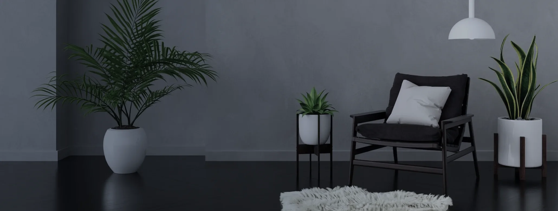 Dunkles modernes Zimmer mit Pflanzen und eine modernen Stuhl